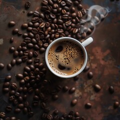 A steaming cup of coffee with coffee beans
