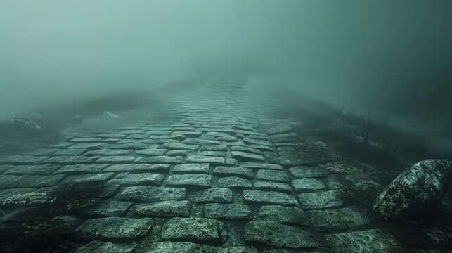 Mysterious submerged stone pathway in a foggy underwater environment - Powered by Adobe