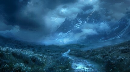 Dark storm clouds over a serene mountain landscape with a winding path at dusk