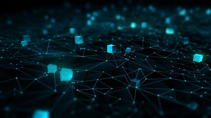Obraz premium Abstract digital network with glowing cubes and connected lines.