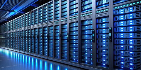 Sleek server rack housing rows of glowing blue hard drives, each with a handle and status lights, indicating active data processing and storage operations.