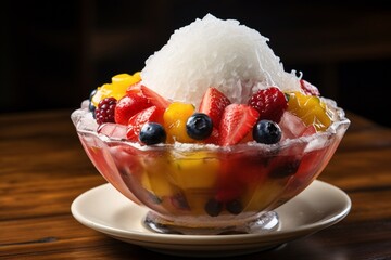 Photo sop buah or es buah is mixed fruit with coconut or simple syrup, served with shaved ice