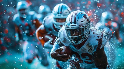 Football player runs through rain and mud while teammates follow during an intense game in a stadium