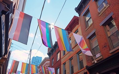 Urban Celebration: Vibrant Flags Adorning a City Street