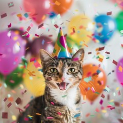 Celebration Whiskers: A Festive Feline Amidst Confetti and Balloons
