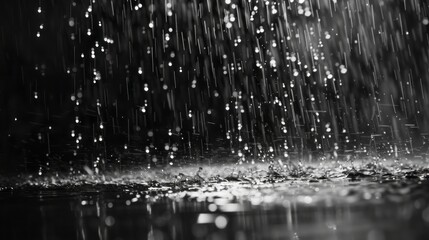 Raindrops falling on a stream, with a black background, evoke a sense of loneliness and pain.