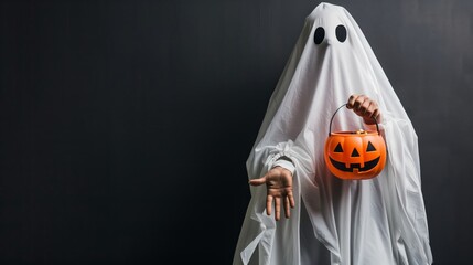 Spooky Halloween Ghost with Pumpkin Basket
