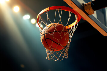 Basketball is falling through the net at a basketball game