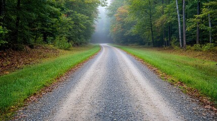 Fototapeta premium A gravel road stretches into the distance, framed by green grass and wooden fences, creating a serene and mysterious atmosphere on an overcast day