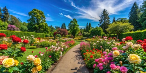 Naklejka premium Vibrant roses of every color bloom amidst lush greenery and serene walkways in Portland's picturesque Washington Park International Rose Test Garden on a sunny day.