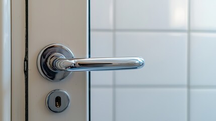 Naklejka premium A close up view of modern door handle, showcasing its sleek design and shiny chrome finish. image conveys sense of security and functionality.