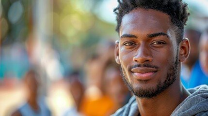 Fototapeta premium Young man smiling warmly while engaging with a group outdoors during a sunny day