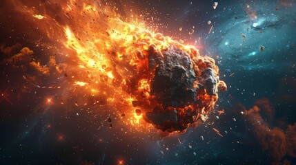 Obraz premium Asteroid burning through space with bright flames and debris at night