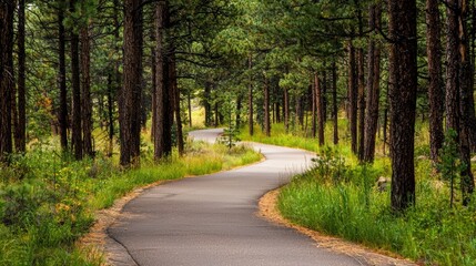 Obraz premium A winding path through serene forest, surrounded by tall trees and lush greenery, evokes sense of tranquility and adventure. 