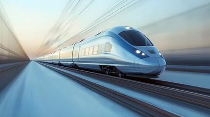 Fototapeta premium A sleek, futuristic high-speed electro train racing along a track, its streamlined form gleaming in metallic blue and silver, with dynamic motion blur and a stark white background, emphasizing speed