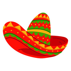 Mexican sombrero hat on an isolated white background. Vector flat illustration of national Mexican clothing. A large conical crown and usually with the edges of the fields rounded up. Drawn sideways