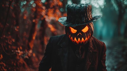 A spooky figure with carved pumpkin head and top hat stands in misty forest, exuding menacing aura. glowing eyes and jagged smile create an eerie atmosphere. 