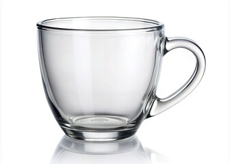 Isolated on a clean white background, a delicate, transparent glass cup or mug sits empty, awaiting a fresh brew of coffee or tea.