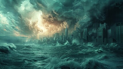 Dark storm clouds gather over a flooded cityscape at dusk with turbulent waves crashing