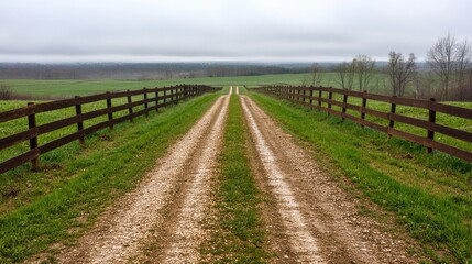 Obraz premium A gravel road stretches into the distance, framed by green grass and wooden fences, creating a serene and mysterious atmosphere on an overcast day