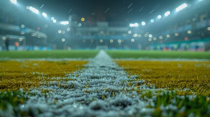 A snowy football field under bright stadium lights at night