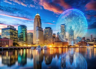 Naklejka premium Boston's iconic skyline merges with a futuristic holographic fingerprint, blending technology and innovation in a vibrant, double-exposed cityscape, symbolizing cutting-edge cybersecurity and digital 