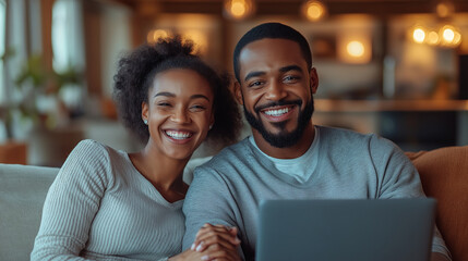 A couple sitting on the couch, holding hands, and laughing as they chat with loved ones on a laptop, with warm lighting in their living room, with copy space