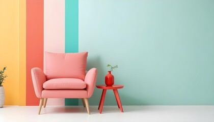 Fototapeta premium A pink sofa and a small red side table in a minimalist room with pastel green walls.