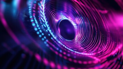 A vibrant and dynamic abstract image showcasing swirling patterns of purple and blue light, evoking sense of depth and movement. 