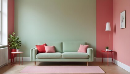 A pink sofa and a small red side table in a minimalist room with pastel green walls.