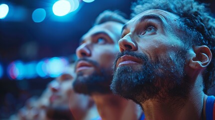 Basketball players intently watching the game during the final moments in a bright arena at night