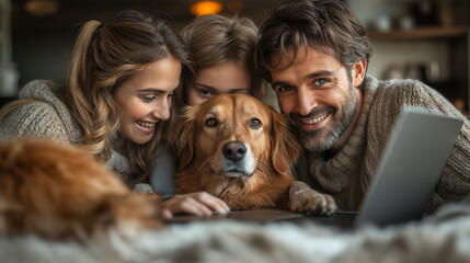 A family with their pet, all gathered around a laptop, with the pet’s face close to the camera as if it’s part of the call, with a homely background, with copy space
