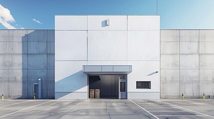 A modern industrial building with a loading dock and concrete walls in a clear sky setting.
