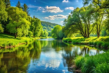 Serene summer landscape with a tranquil river flowing gently beside a lush green forest, providing a peaceful atmosphere and ample copy space.