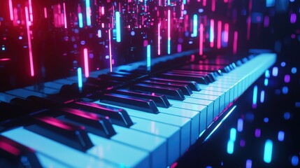 Fototapeta premium A vibrant and dynamic image of piano keyboard surrounded by colorful lights, evoking sense of creativity and musical energy. 