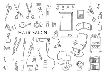 美容院にまつわる手描きイラストセット（モノクロ）