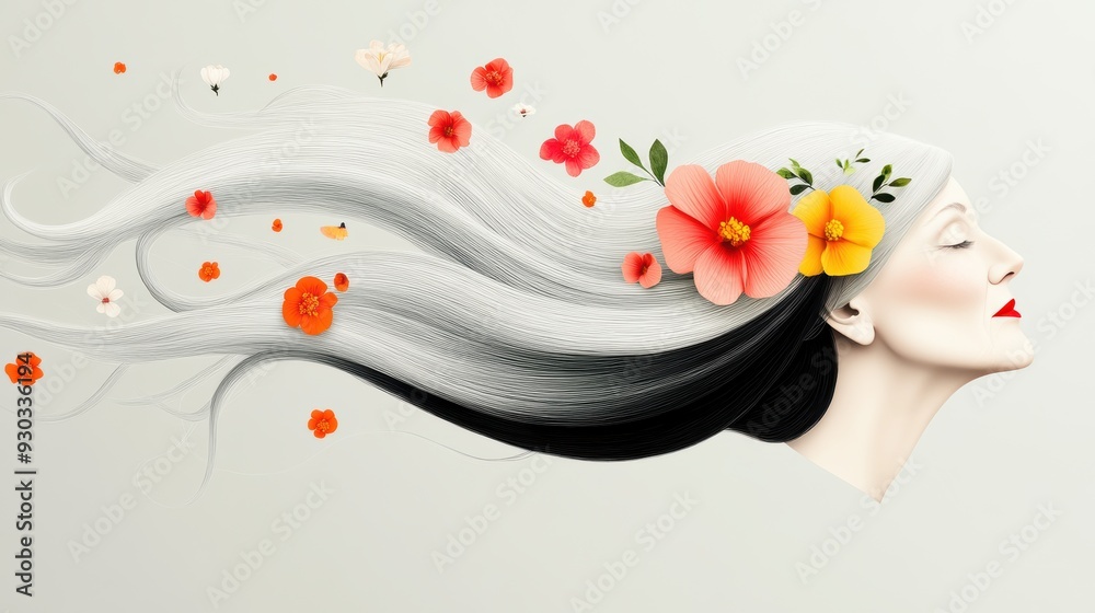 Canvas Prints A whimsical, illustrated portrait of an older woman with flowing hair and flowers adorning her head, celebrating her life experiences and inner beauty.