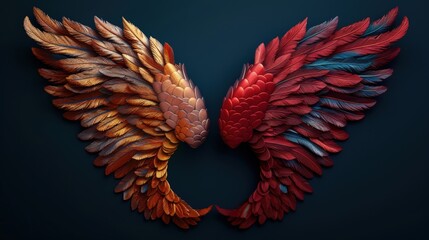 Obraz premium Angelic wings with intricate golden feathers clashing against demonic wings with dark red scales in a symmetrical pattern