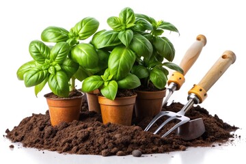 Fresh bunch of vibrant green basil plants with rich soil and gardening tools laid out on a clean white background, evoking a sense of gardening freshness.