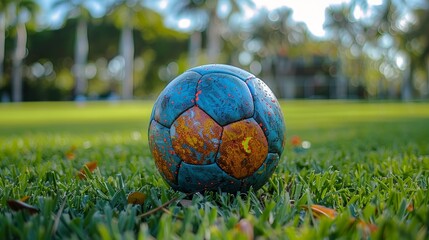 A colorful soccer ball rests on green grass in a sunny park surrounded by palm trees