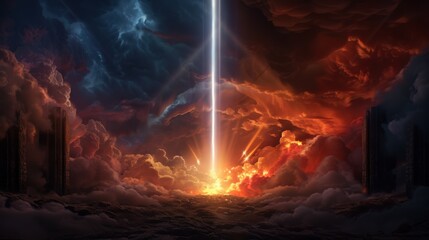Serene heavenly gates with light beams contrasting with ominous gates made of dark stones and fire