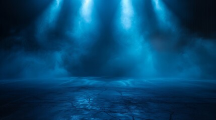 Naklejka premium A dark stage illuminated by blue lights, creating a moody atmosphere.