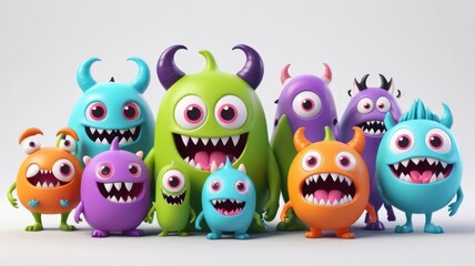 Happy Halloween! Cute kawaii 3D monsters set with colorful characters, featuring funny eyes, tongues, and fangs on a white background