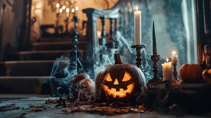 Obraz premium A spooky Halloween scene featuring carved pumpkin with mischievous grin, surrounded by candles and autumn leaves, evoking sense of eerie charm. 
