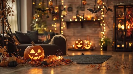 A cozy Halloween themed living room with carved pumpkins, warm lighting, and autumn decorations, creating festive and inviting atmosphere. 