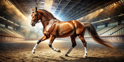 Majestic brown horse circles an empty arena, wearing a bridle and side reins, its gleaming coat and rippling muscles evident under the bright sunlight.