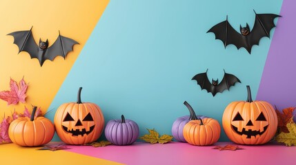 Colorful Halloween scene with pumpkins and bats, evoking festive mood. 