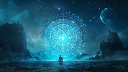 A Solitary Figure Contemplates A Mystical Portal in the Night Sky