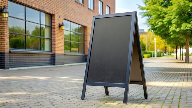 A black A-frame sign board lies on the sidewalk outside a school, awaiting insertion of important announcements or event information on its blank plastic surface.