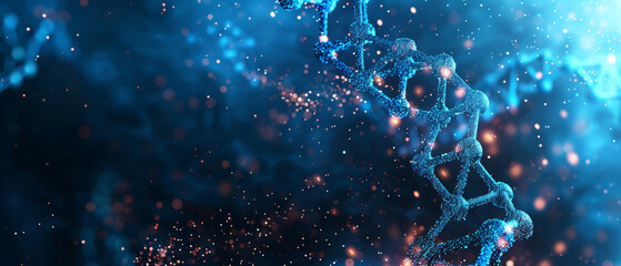 A stunning visualization of DNA double helix, glowing with blue and orange particles, representing complexity of genetic structures. image evokes sense of wonder and scientific exploration.